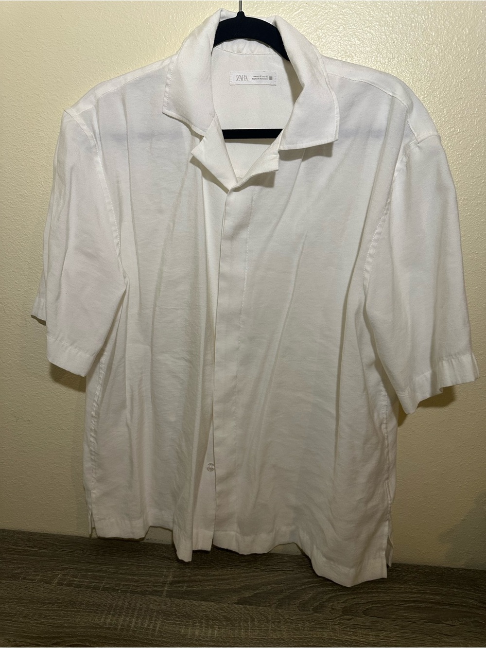 Zara Men’s White Linen Short-Sleeve Camp Collar Shirt, SZ M